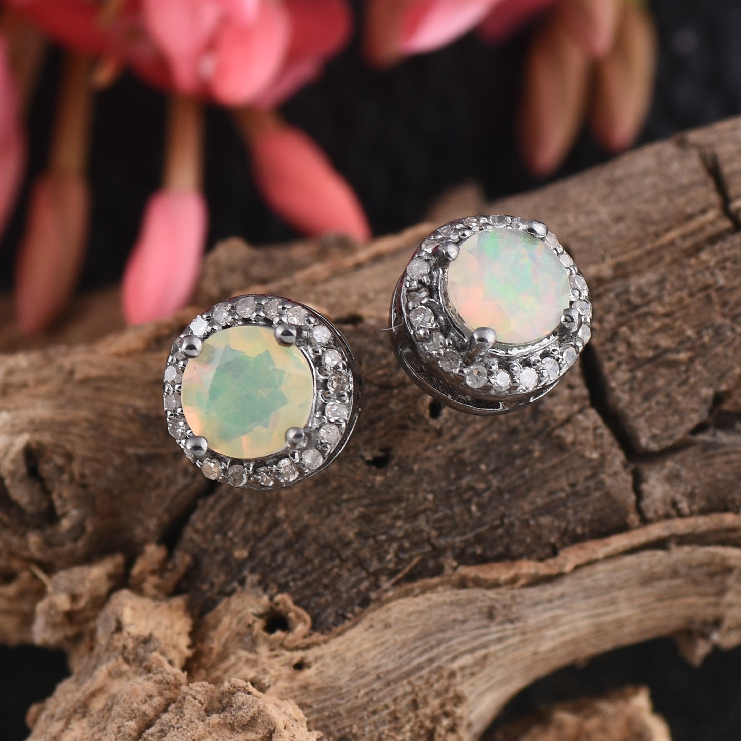 Round Opal Halo Stud Earrings