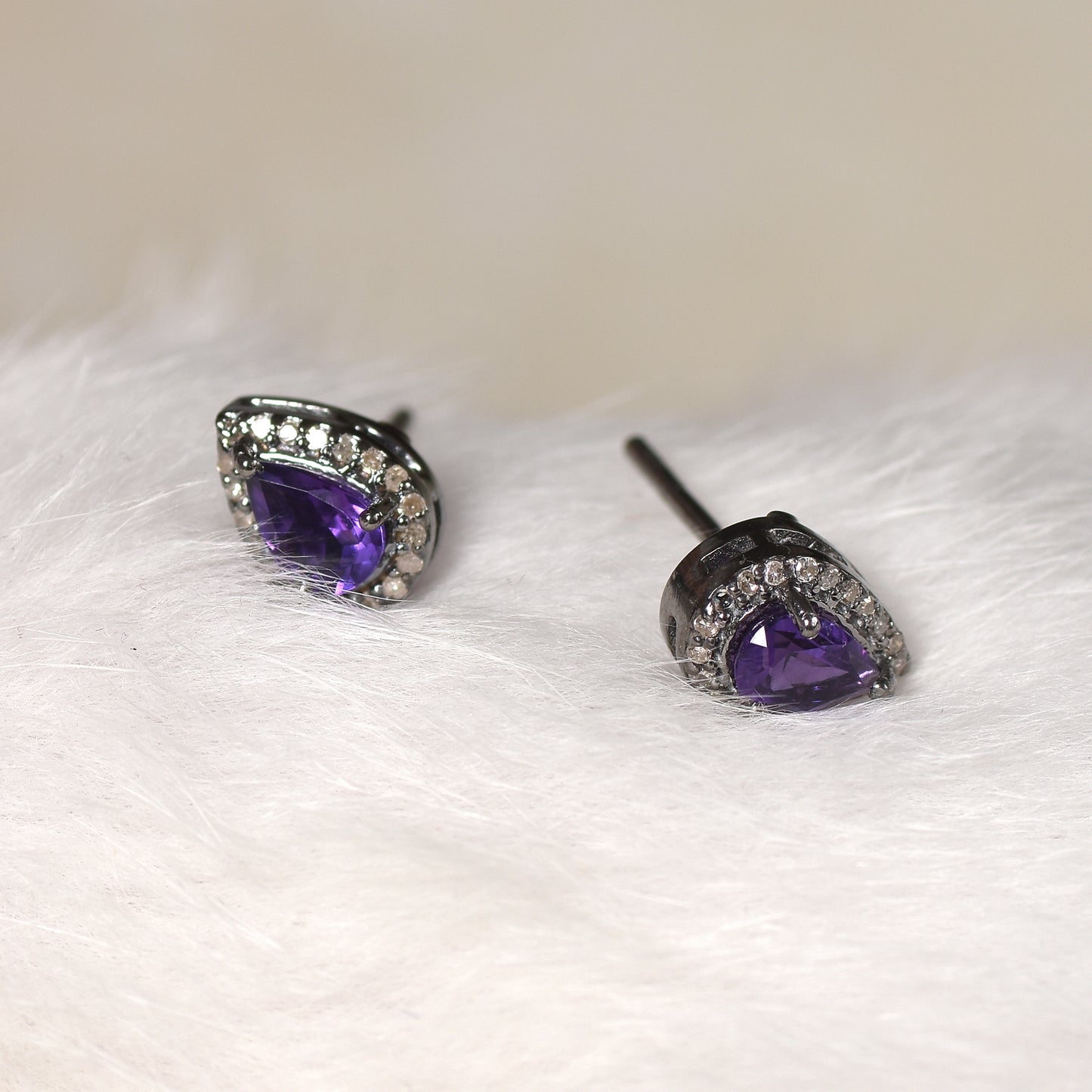 Pear-Shaped Amethyst Stud Earrings with Diamond Halo