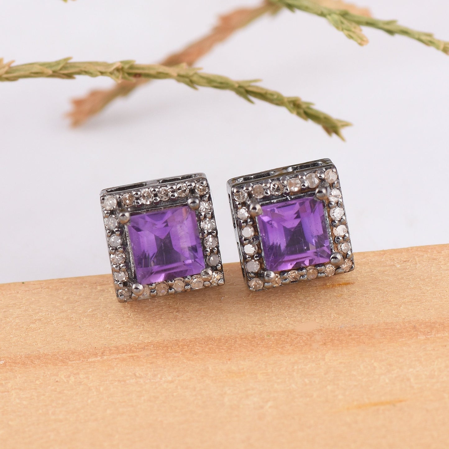 Halo Diamond Square Amethyst Earrings
