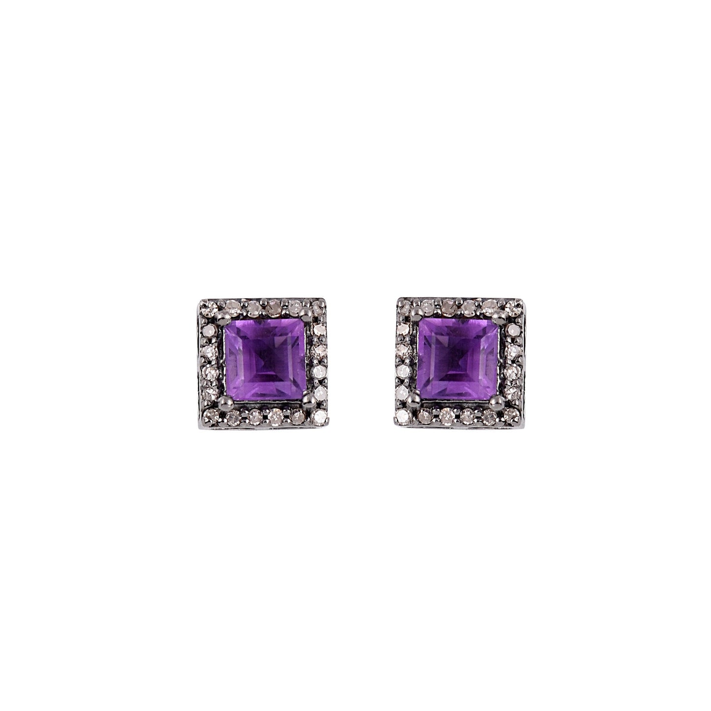 Halo Diamond Square Amethyst Earrings