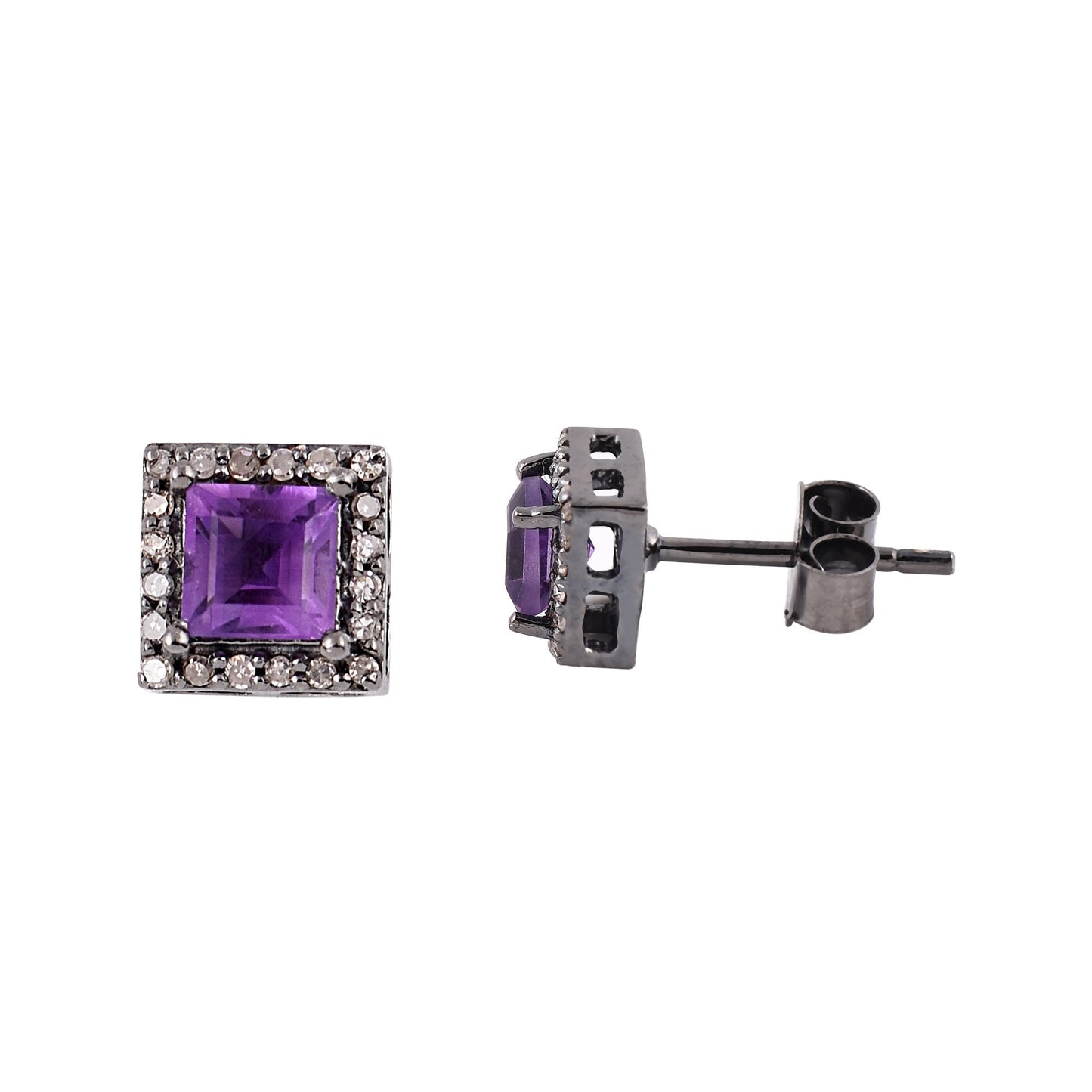 Halo Diamond Square Amethyst Earrings