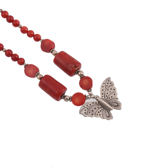 Coral Necklace with Silver Butterfly