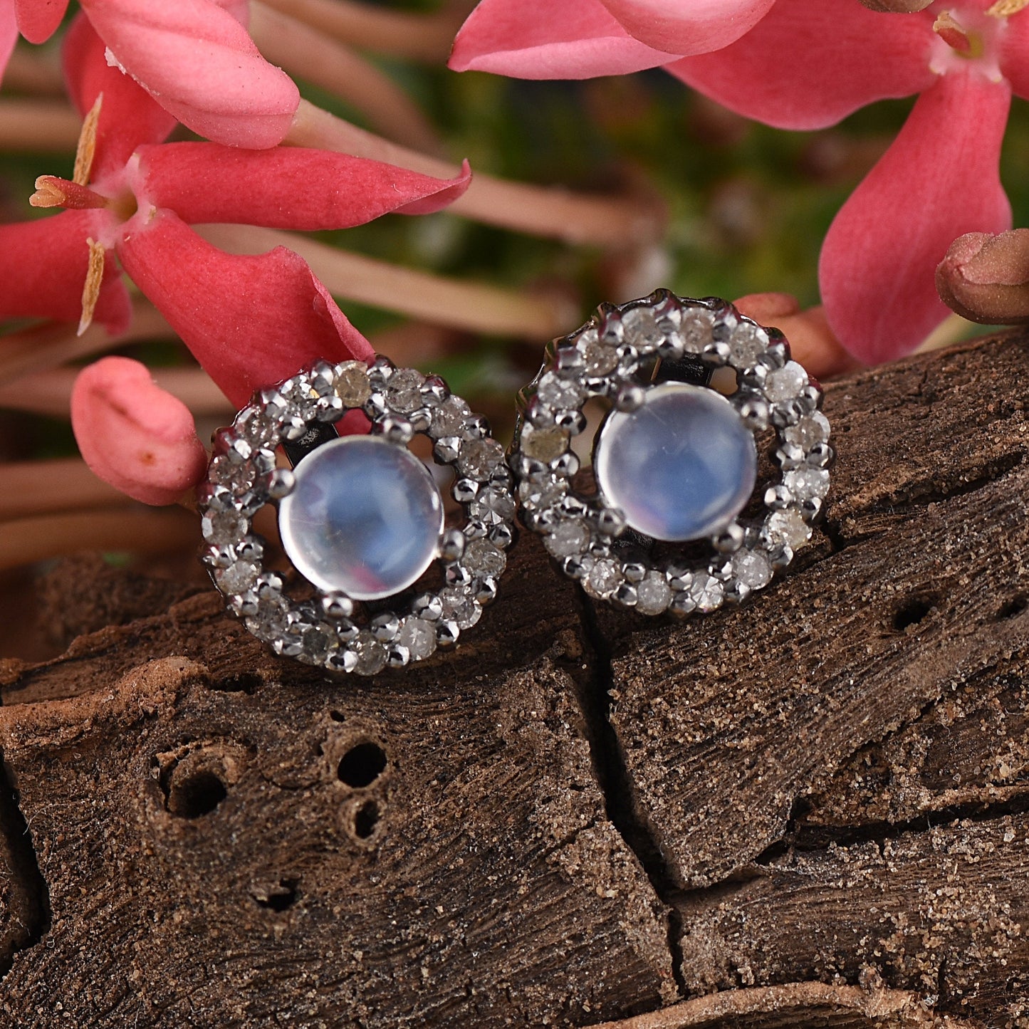 Rainbow Moonstone Diamond Halo Earrings
