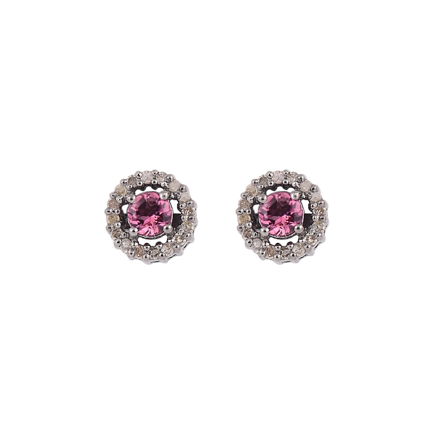 Silver Pink Tourmaline Halo Studs Earrings