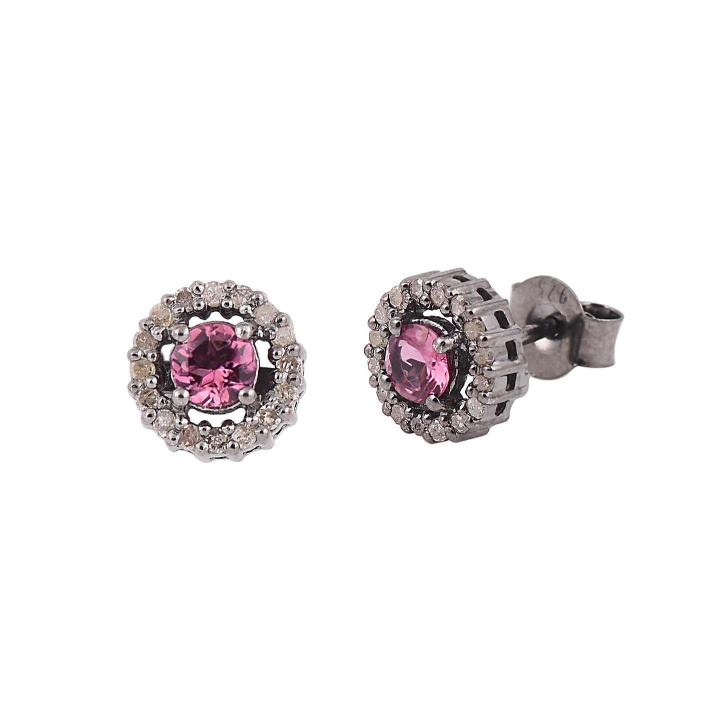 Silver Pink Tourmaline Halo Studs Earrings