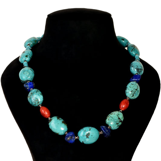 Turquoise Gemstone Beaded Necklace in 925 Sterling Silver