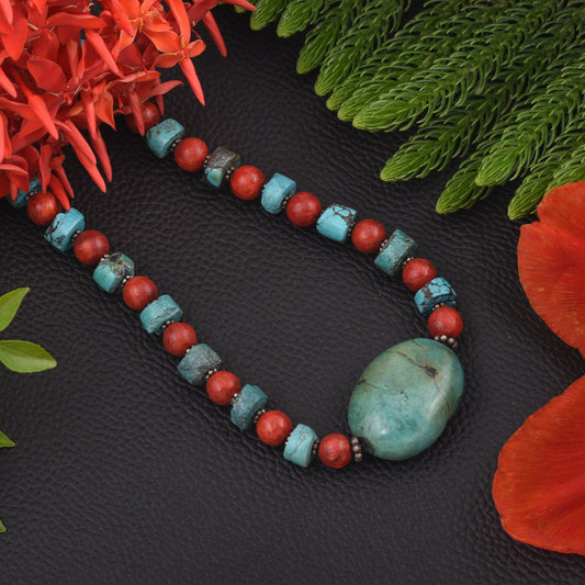 Turquoise With Coral Beaded Necklace