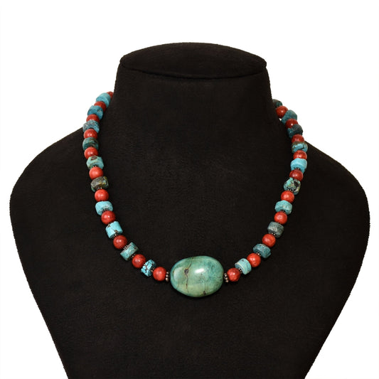 Turquoise With Coral Beaded Necklace