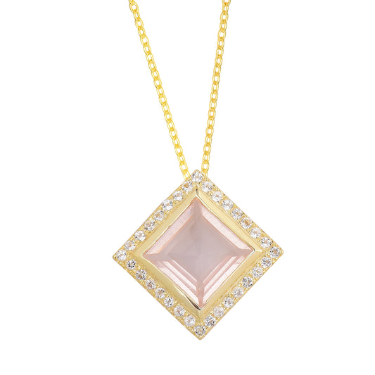 Rose Quartz Gemstone Halo Necklace 925 Silver