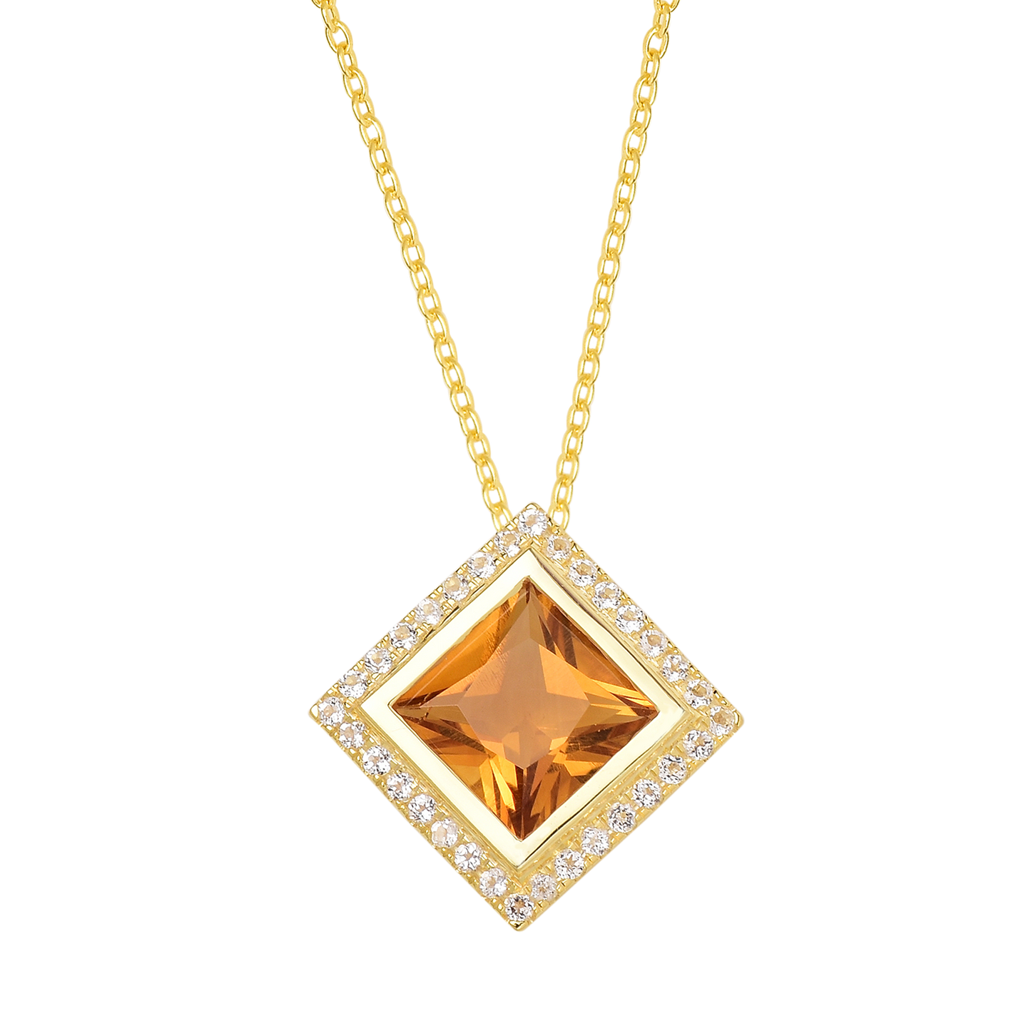 Yellow Citrine Gemstone Halo Necklace 925 Silver