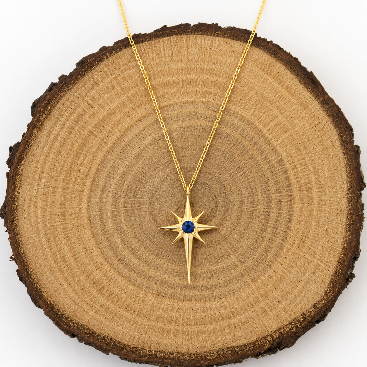 Silver Gold Compass Star Pendant Necklace with Blue Sapphire