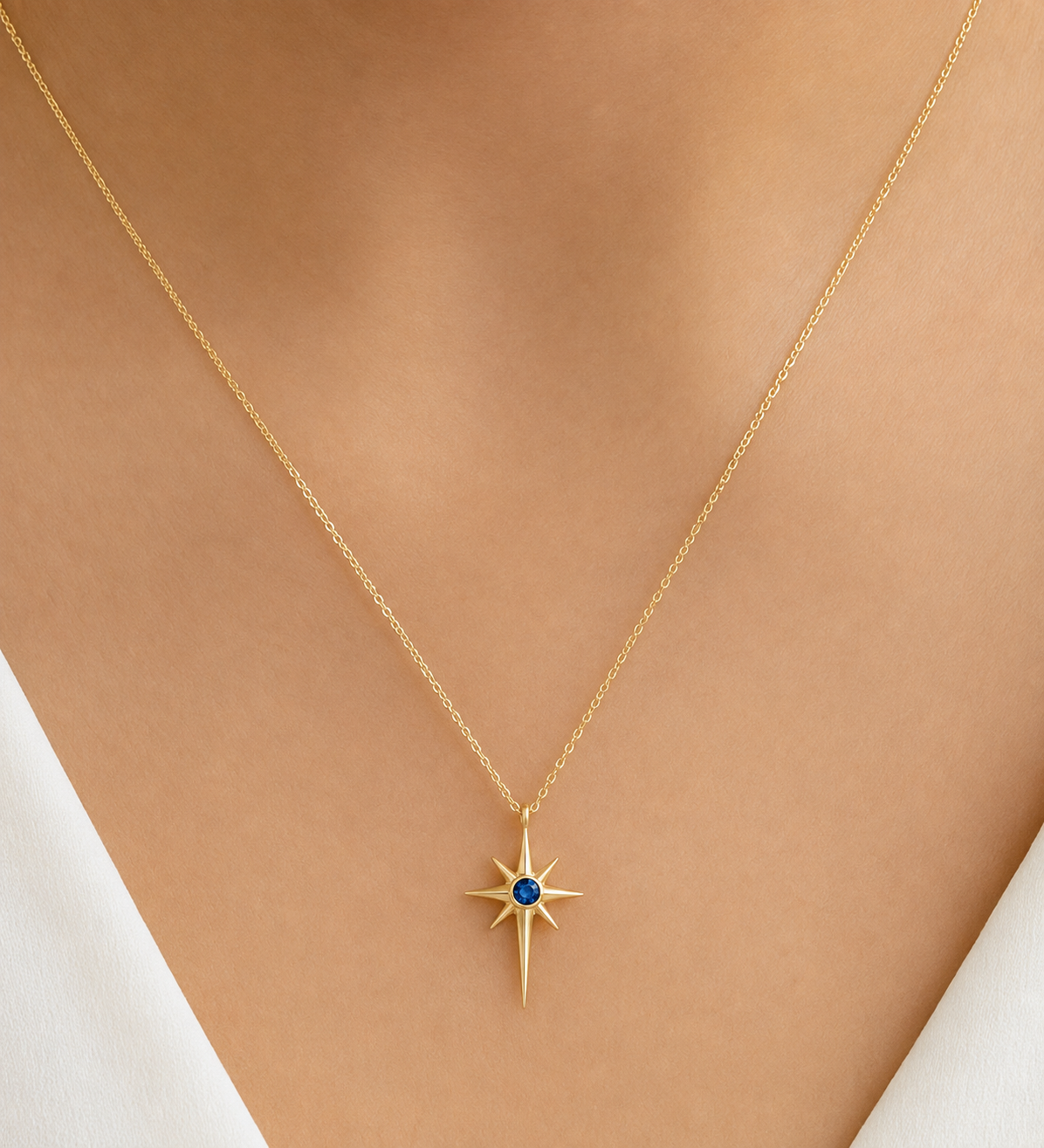 Silver Gold Compass Star Pendant Necklace with Blue Sapphire