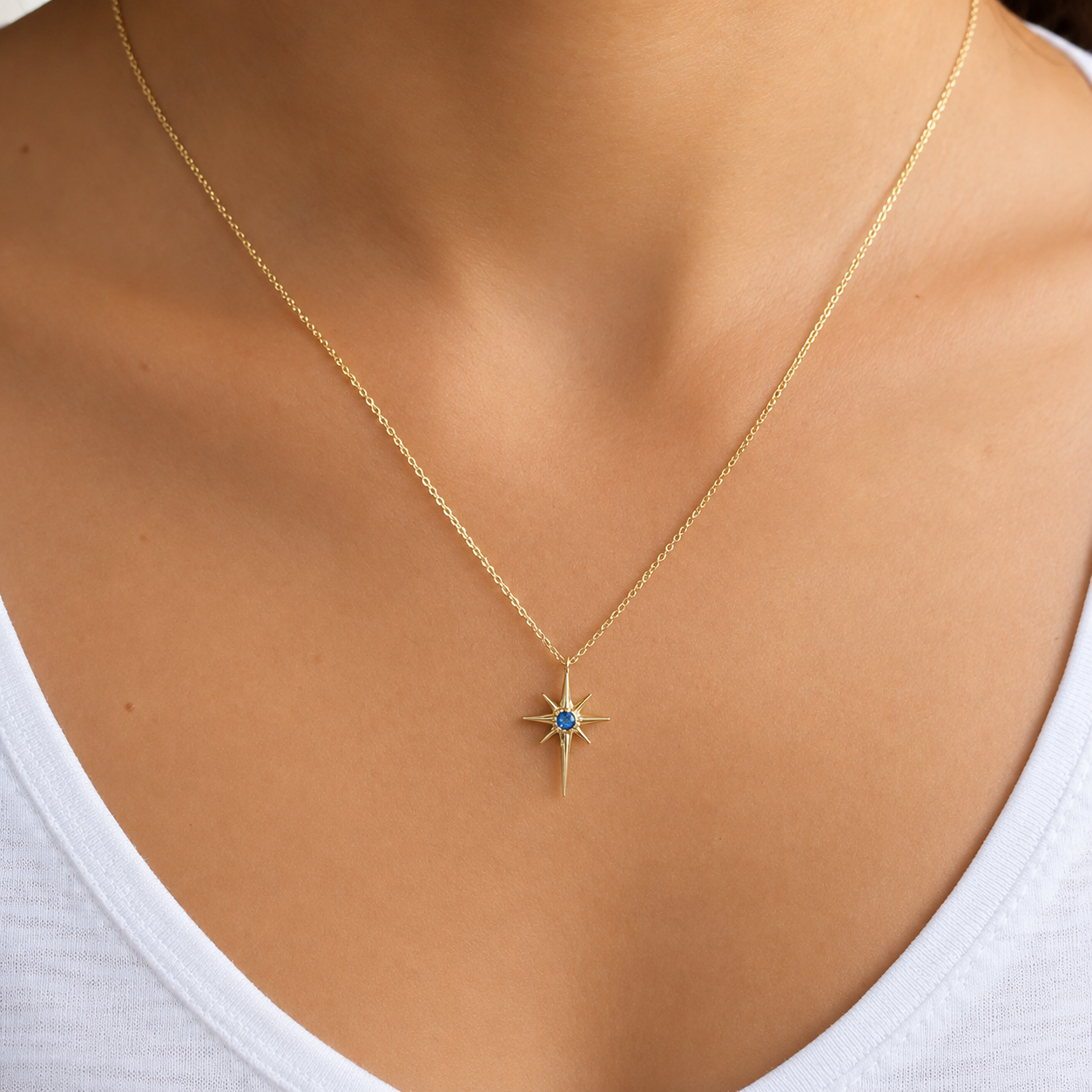Silver Gold Compass Star Pendant Necklace with Blue Sapphire