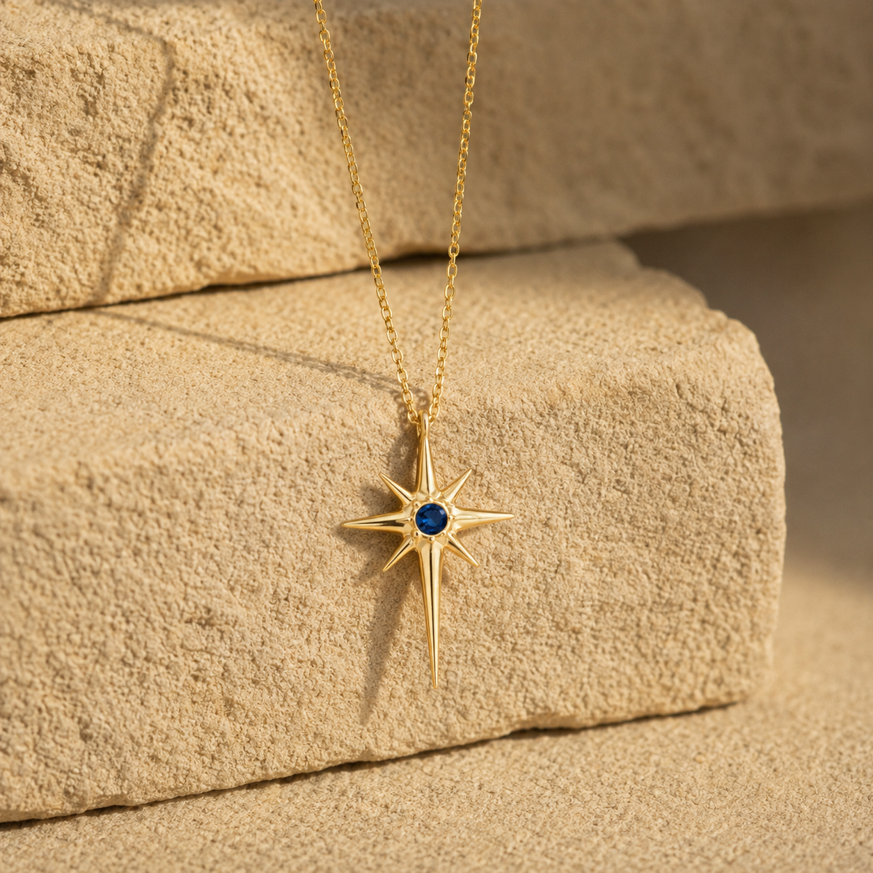Silver Gold Compass Star Pendant Necklace with Blue Sapphire