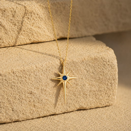 Silver Gold Compass Star Pendant Necklace with Blue Sapphire