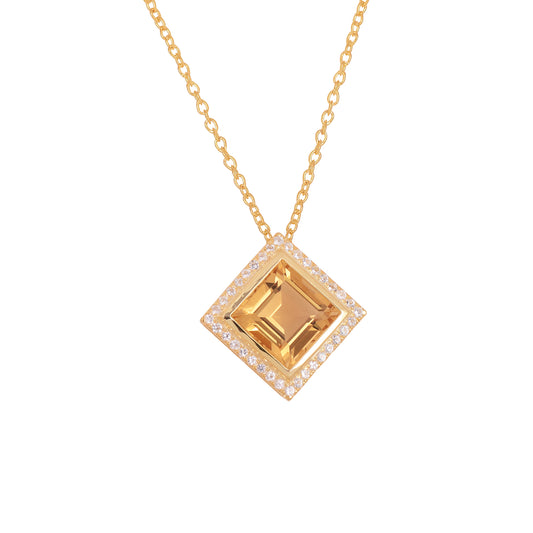 Yellow Citrine Gemstone Halo Necklace 925 Silver