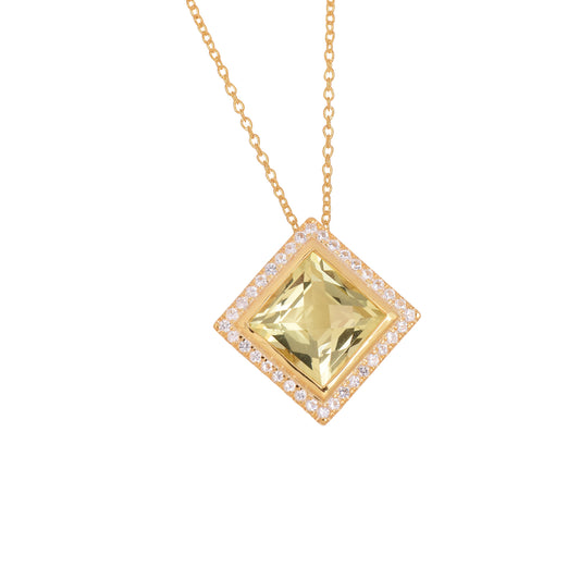 Lemon Quartz With Topaz Halo Necklace 925 Silver