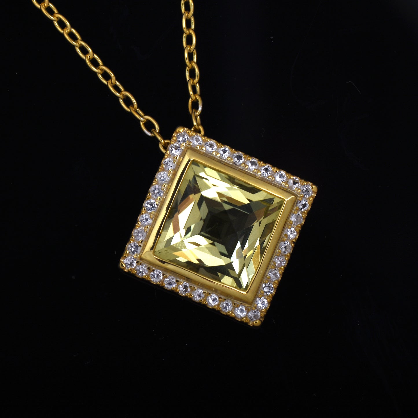 Lemon Quartz With Topaz Halo Necklace 925 Silver