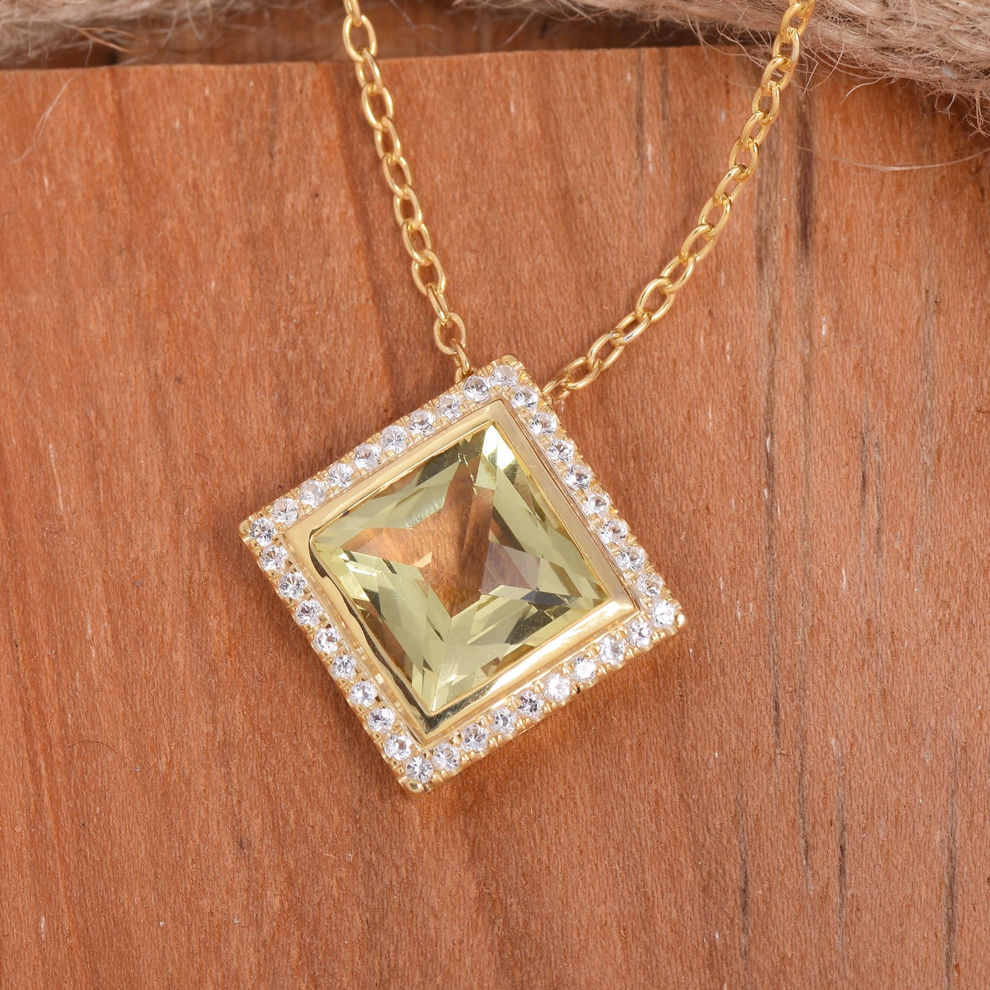 Lemon Quartz With Topaz Halo Necklace 925 Silver
