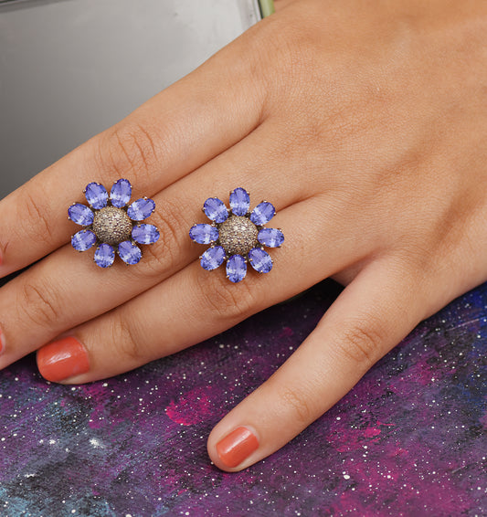 Blue Tanzanite Flower Stud Earrings With Diamond