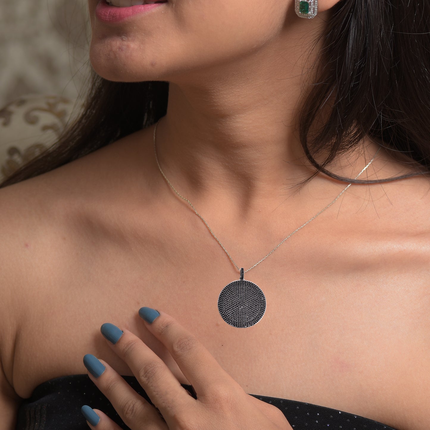 Circle Black Spinel Silver Disc Pendant