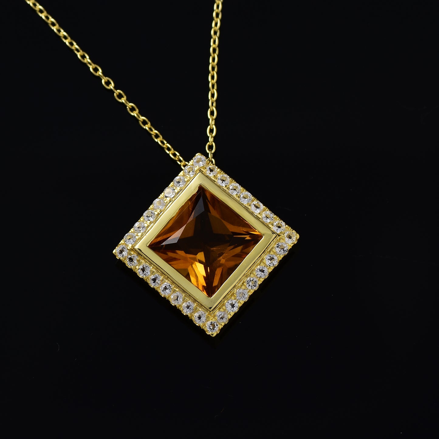 Yellow Citrine Gemstone Halo Necklace 925 Silver