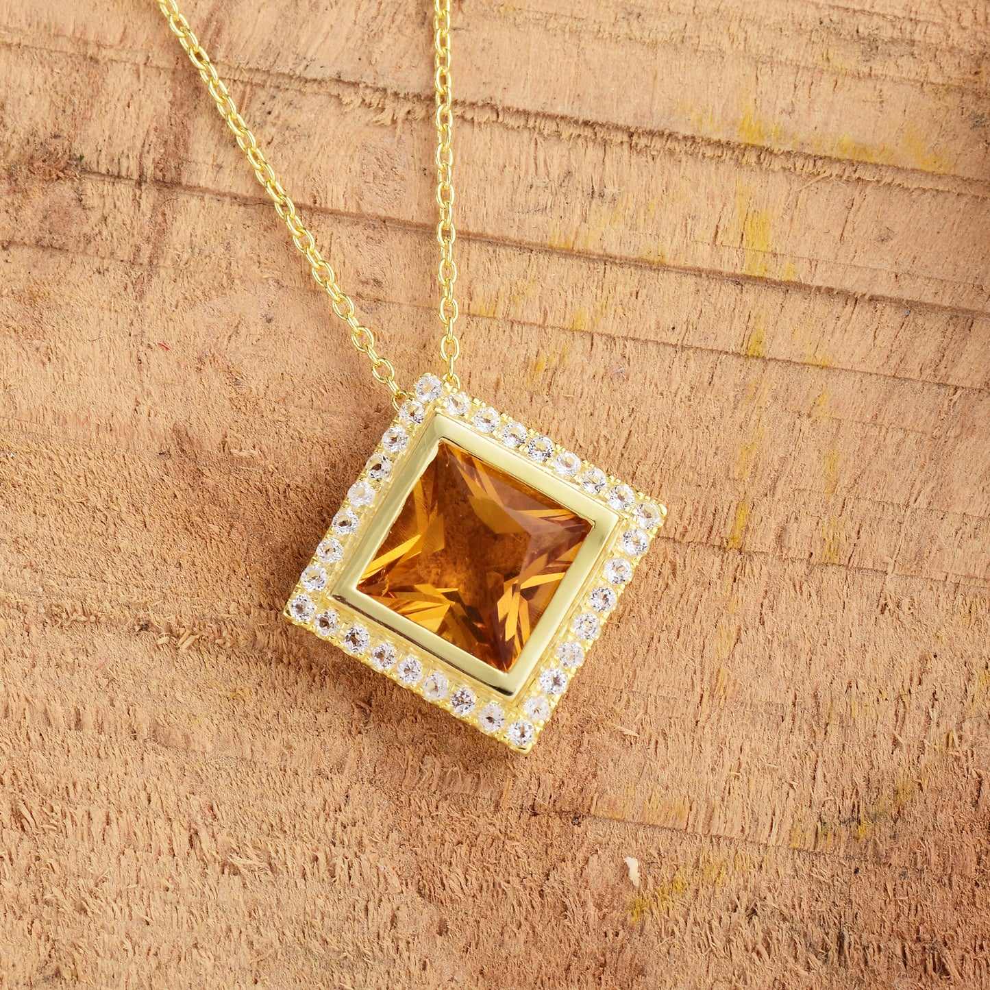 Yellow Citrine Gemstone Halo Necklace 925 Silver