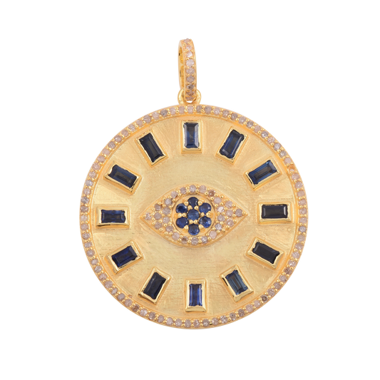 Blue Sapphire Evil Eye Round Disc Pendant