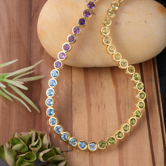 Rainbow Gemstone Tennis Necklace 925 Silver