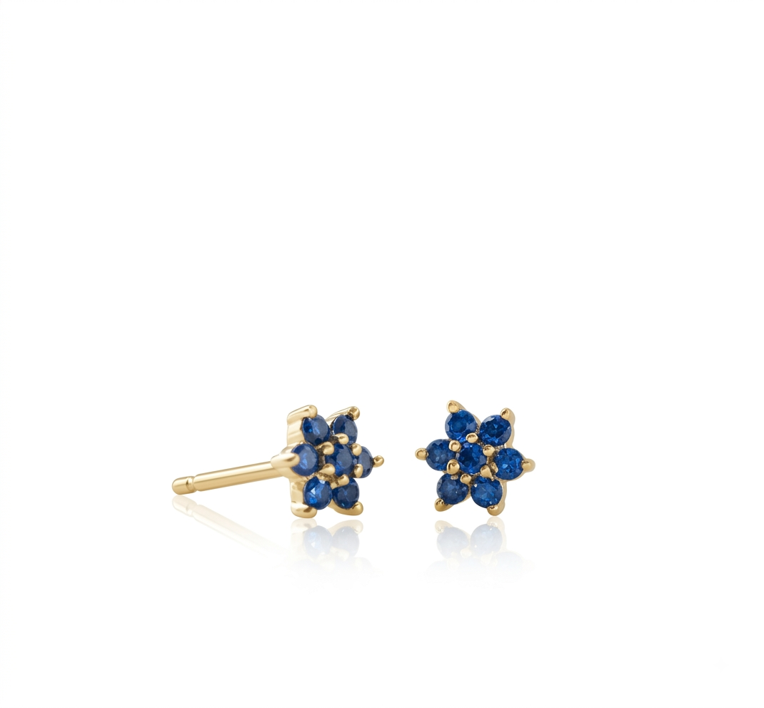 Natural Blue Sapphire Floral Stud Earrings in 925 Silver