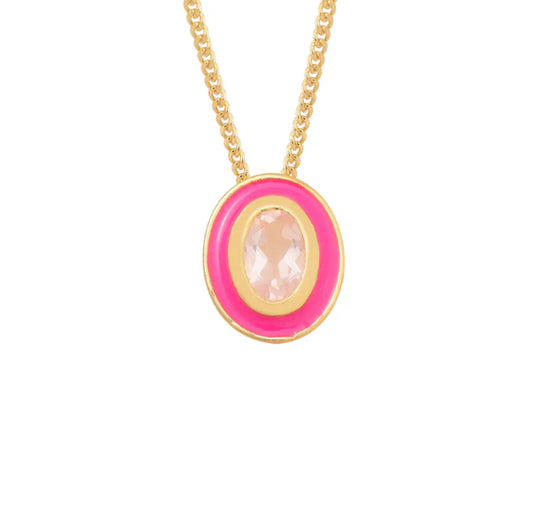 Oval Rose Quartz Enamel Chain Necklace