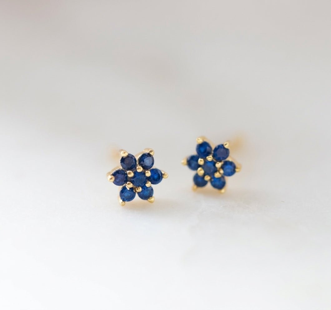 Natural Blue Sapphire Floral Stud Earrings in 925 Silver