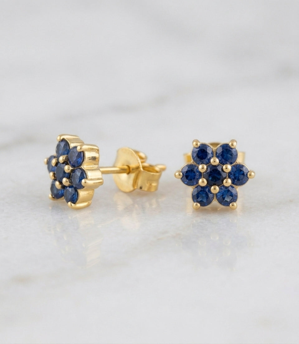 Natural Blue Sapphire Floral Stud Earrings in 925 Silver