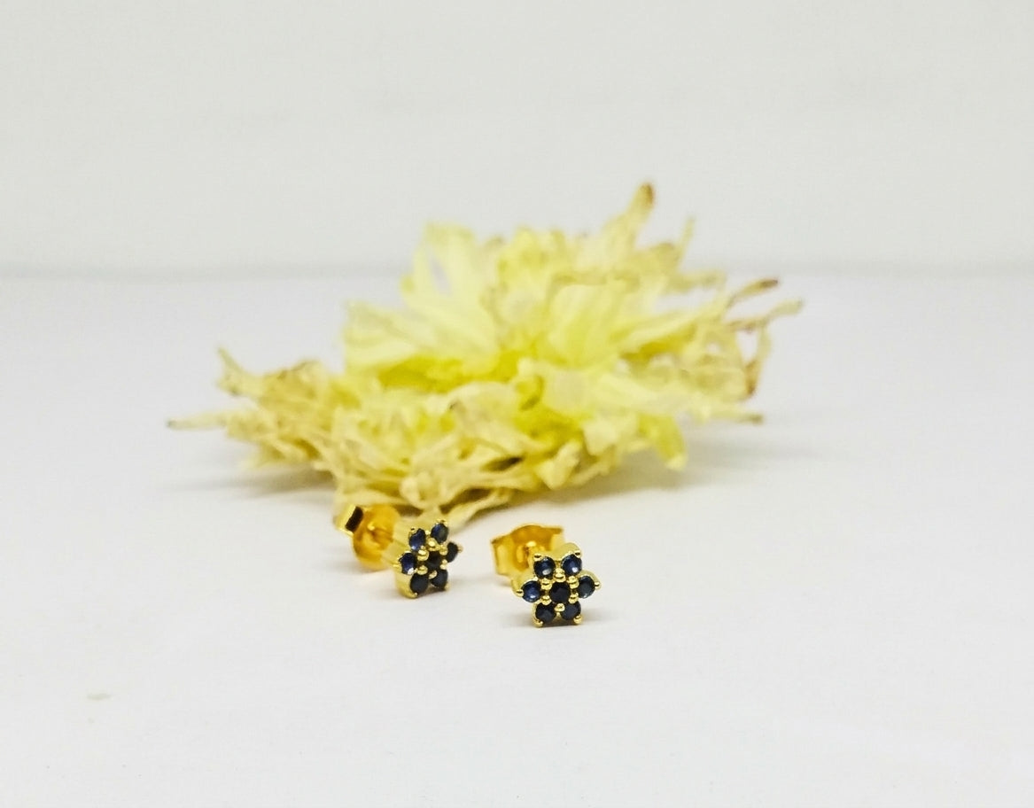 Natural Blue Sapphire Floral Stud Earrings in 925 Silver