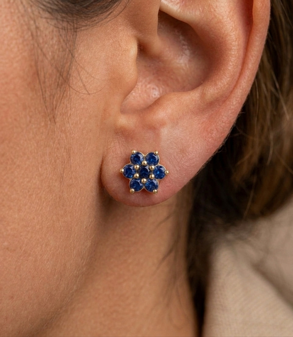 Natural Blue Sapphire Floral Stud Earrings in 925 Silver
