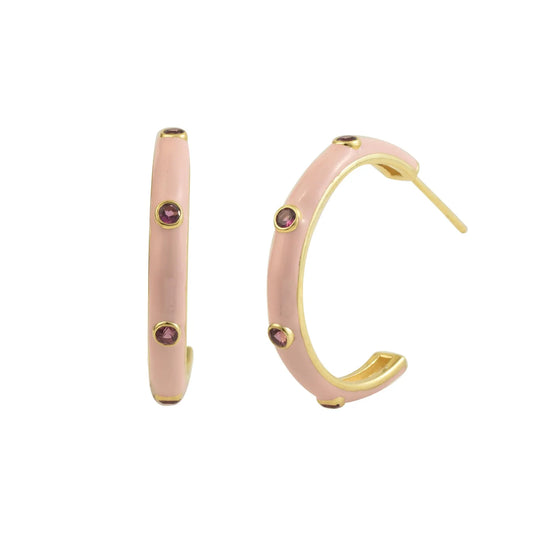Pink Enamel Hoop Earrings with Pink Rhodolite Gemstones