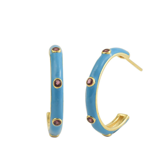 Blue Enamel Hoop Earrings with Pink Rhodolite Gemstones