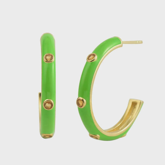 Lime Green Enamel Hoop Earrings with Citrines