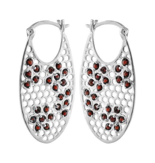 Designer Silver Garnet Flower Hoops