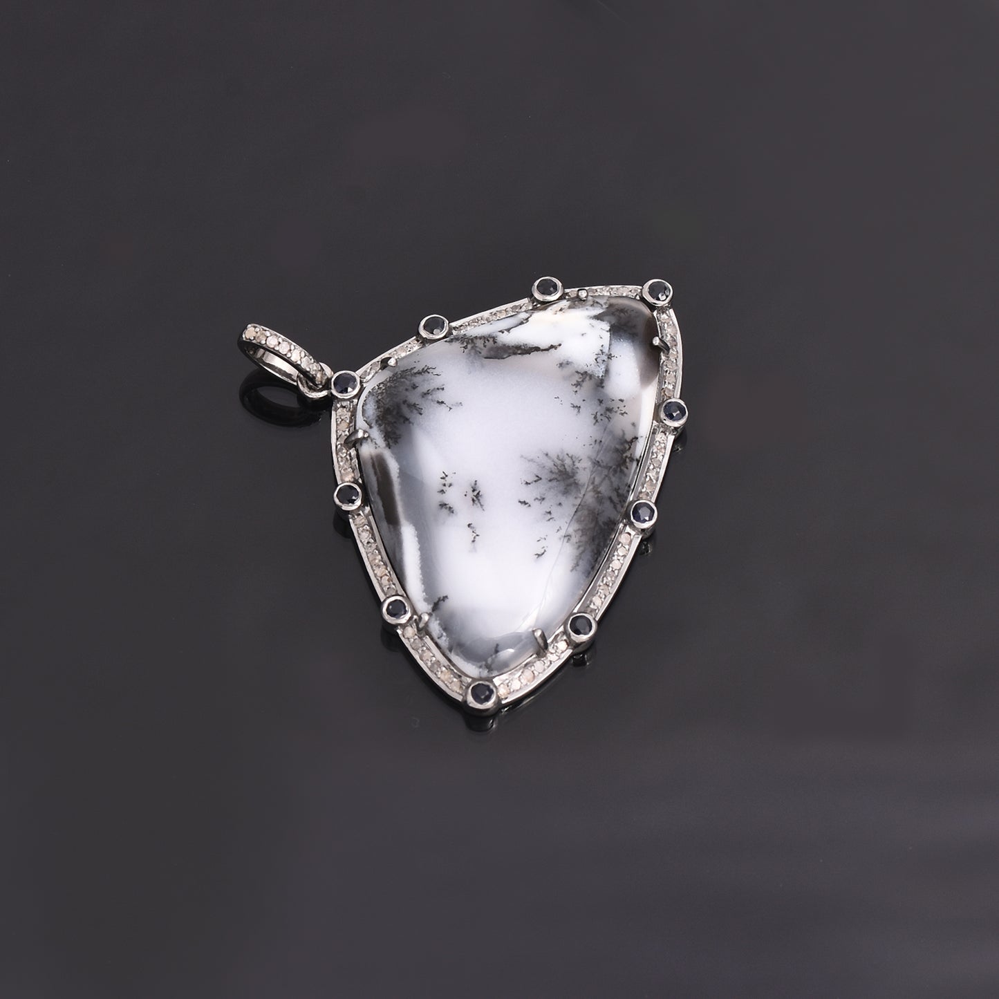Beautiful Dendritic Opal Pendant Clustered with Diamonds and Blue Sapphire