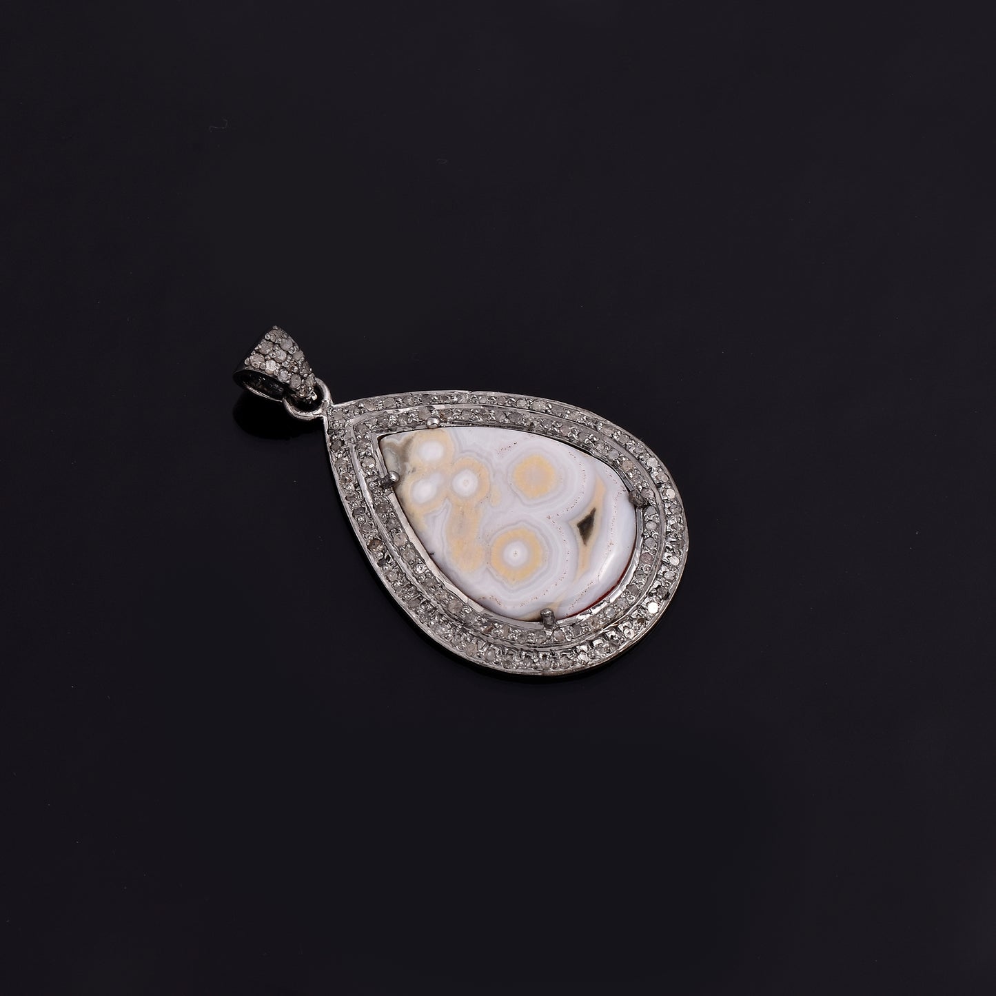 Teardrop White Agate Diamond Halo Pendant
