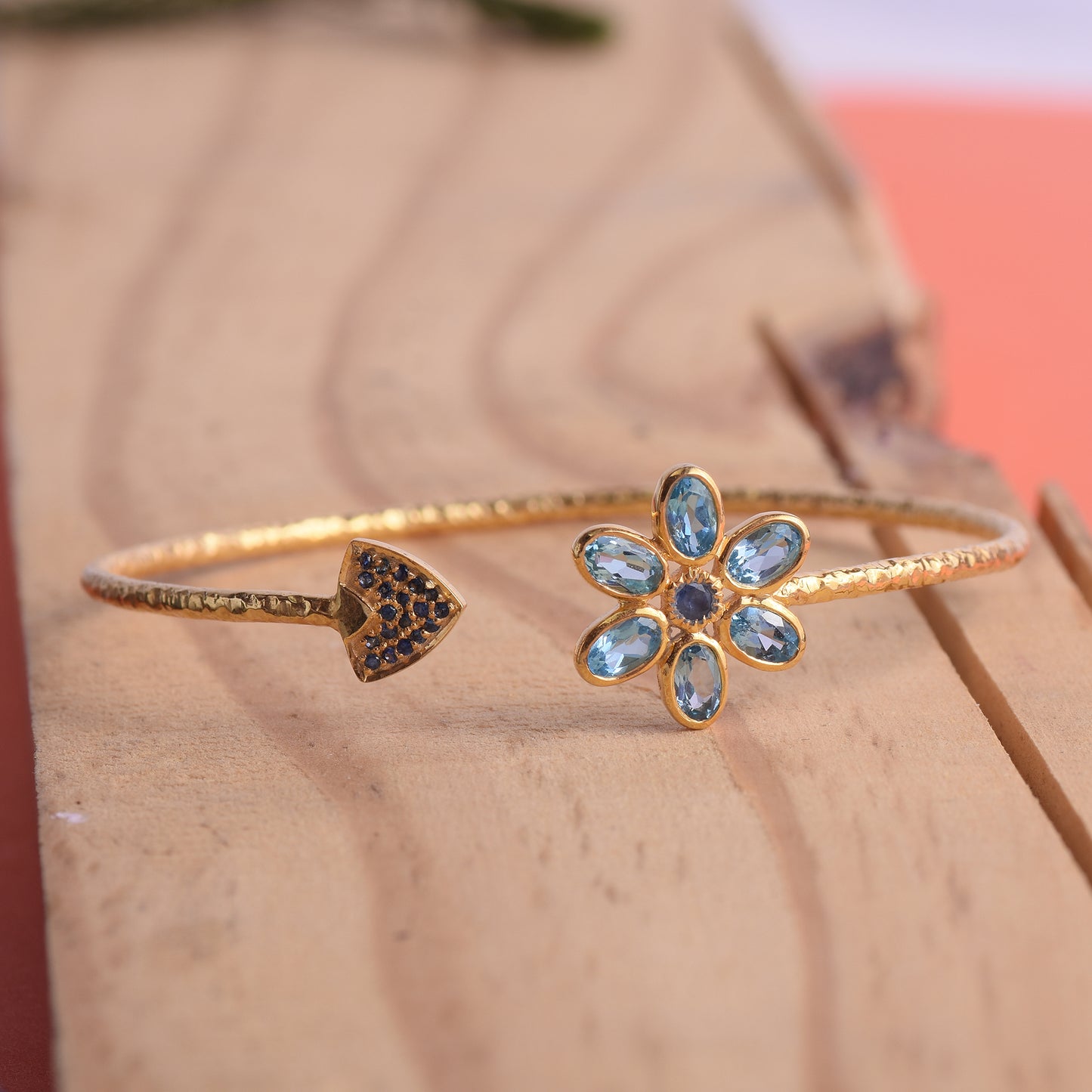 Flower Blue Sapphire Open Cuff Bangles