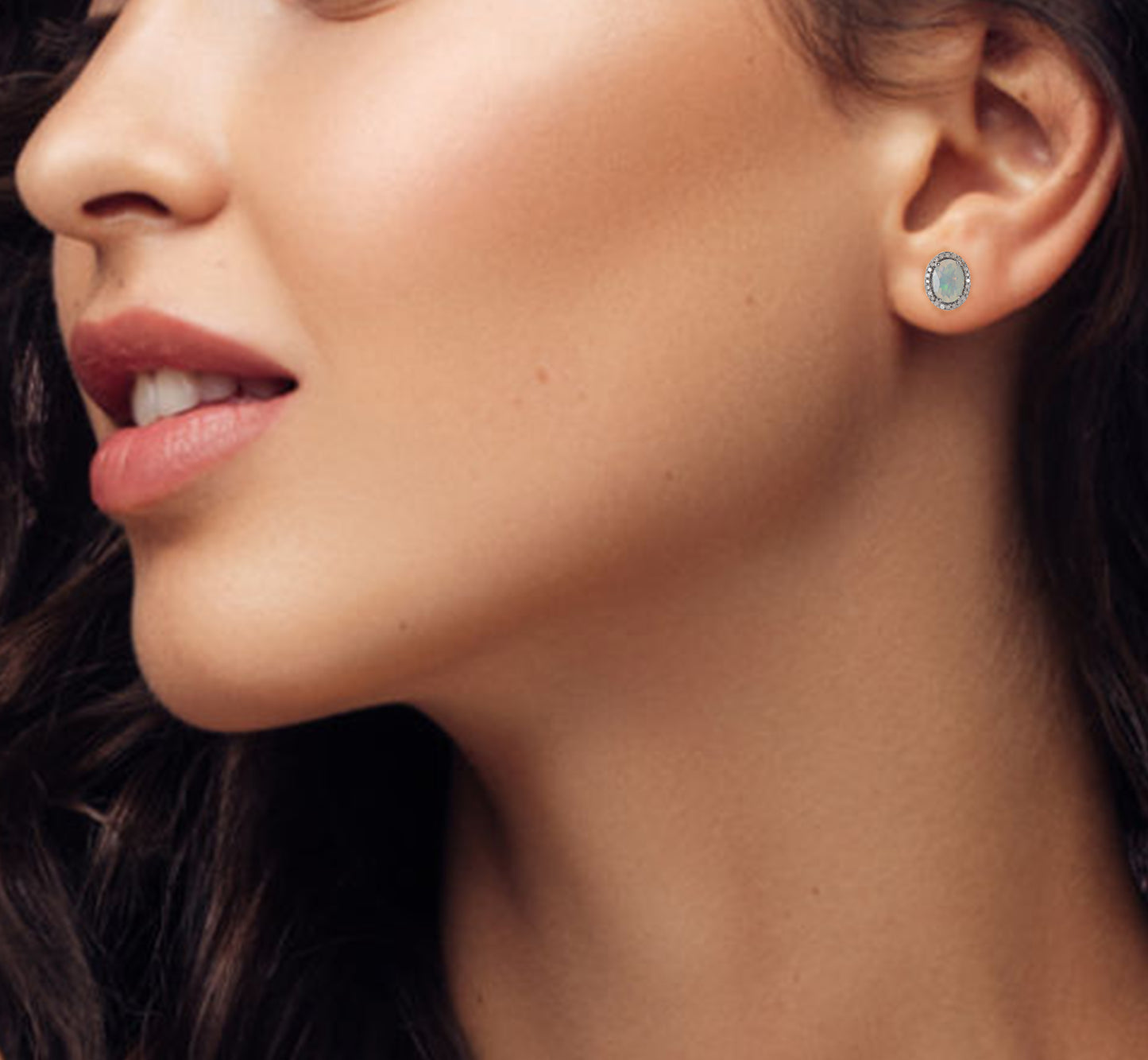 Silver Opal & Diamond Halo Studs Earrings