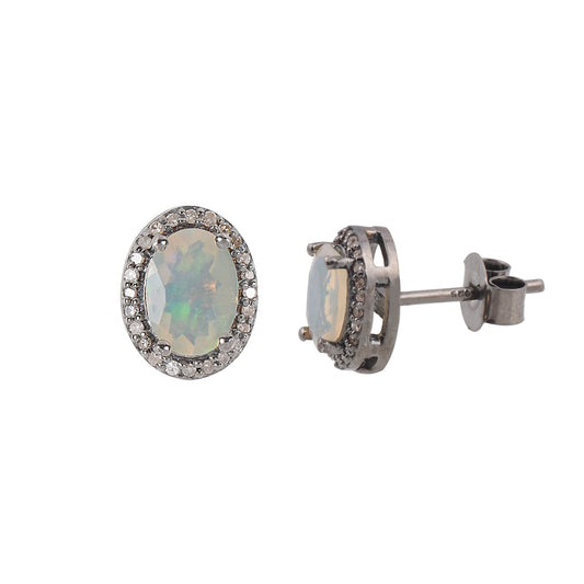 Silver Opal & Diamond Halo Studs Earrings