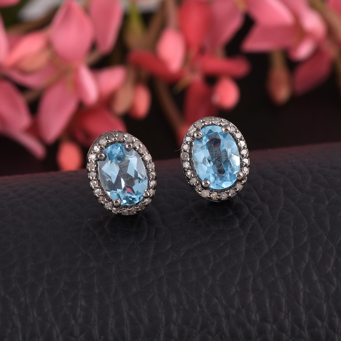 Silver Blue Topaz Halo Earrings