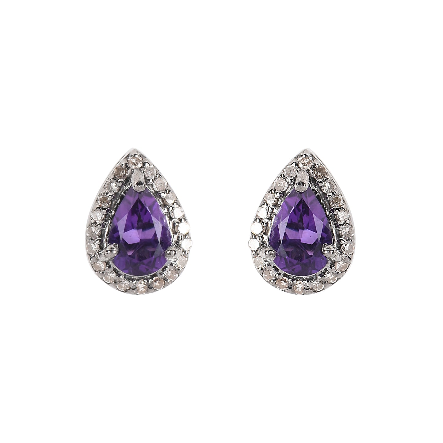 Pear-Shaped Amethyst Stud Earrings with Diamond Halo