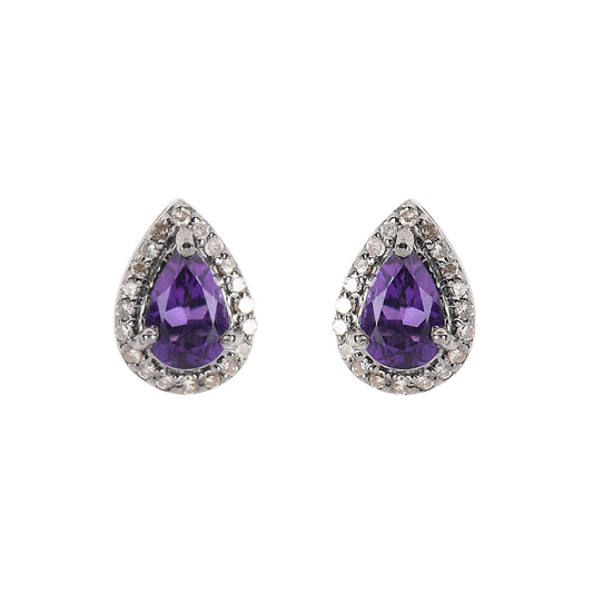 Pear-Shaped Amethyst Stud Earrings with Diamond Halo