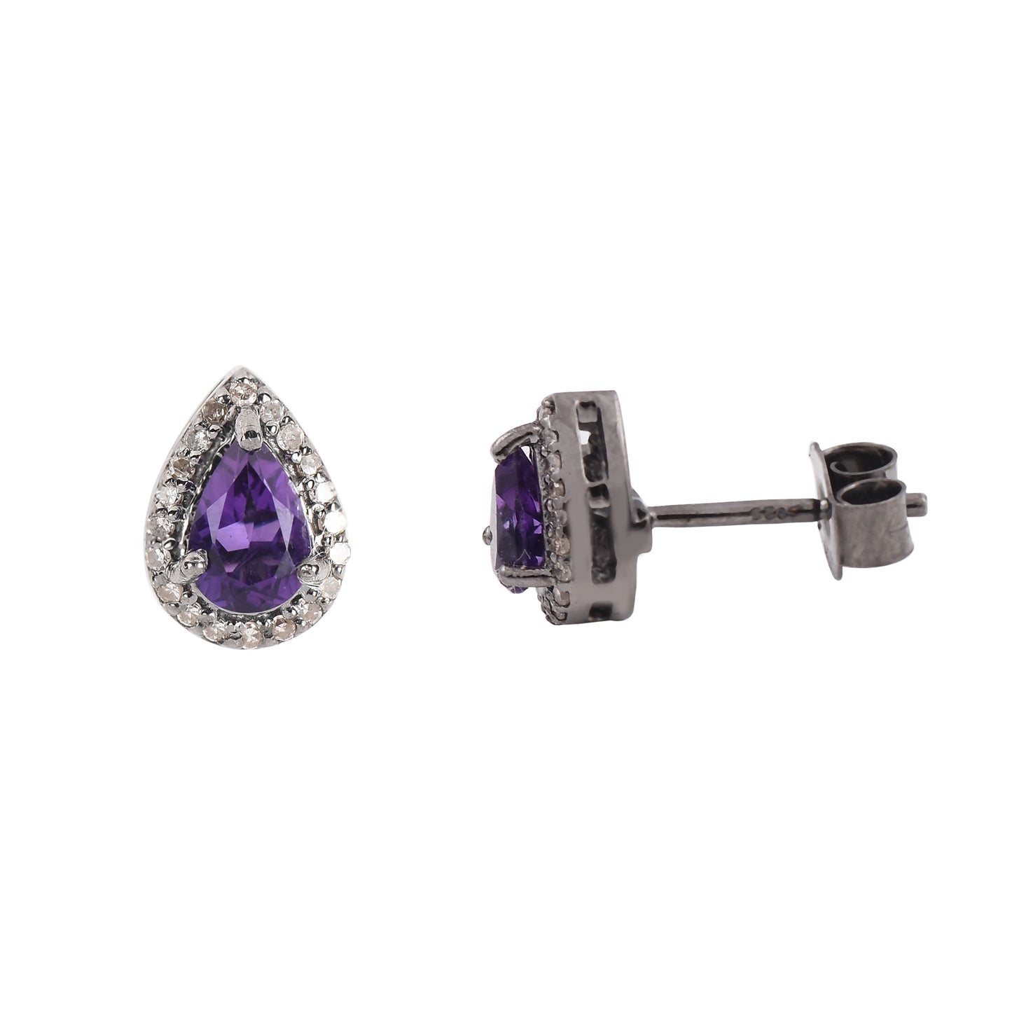 Pear-Shaped Amethyst Stud Earrings with Diamond Halo