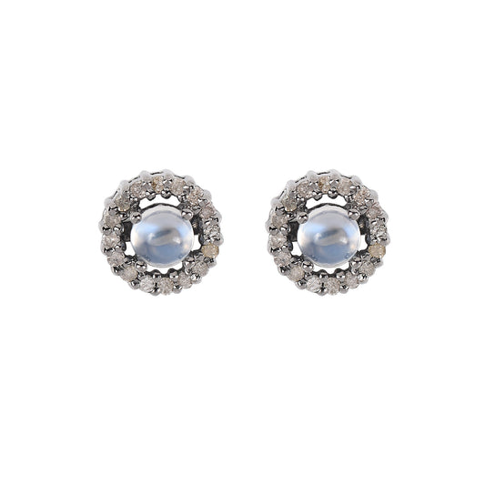 Rainbow Moonstone Diamond Halo Earrings