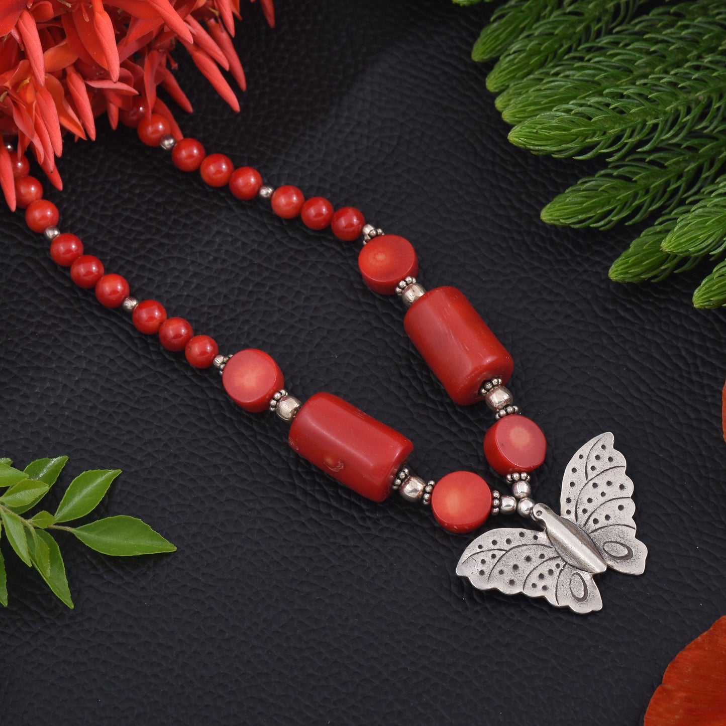 Real Red stone Necklace with Silver Butterfly